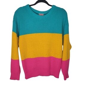 Vintage 80s Cherry Stix Ltd Chunky Striped Knit Sweater in Yellow Pink Turquoise